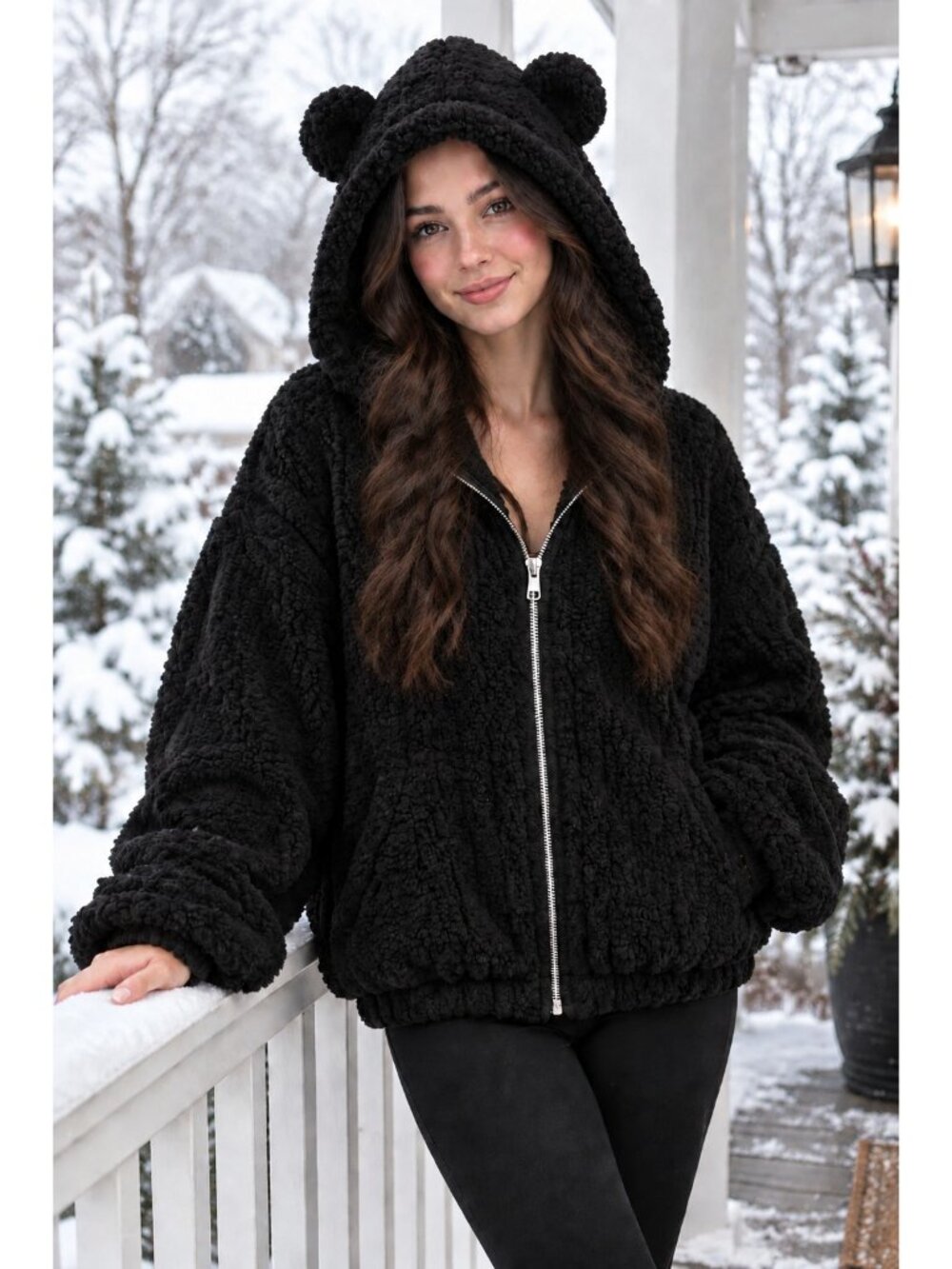 Plush Teddy Bear Ear Hooded Cropped Fleece Jacket Oversized Long Sleeve Zip-Up